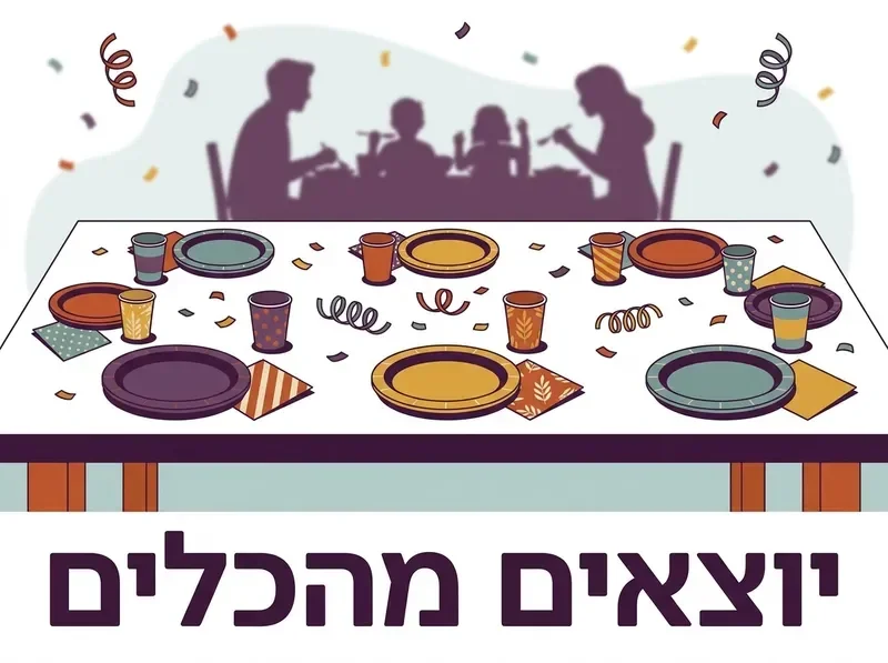 שולחן חג משפחתי עם כלים חד פעמיים צבעוניים