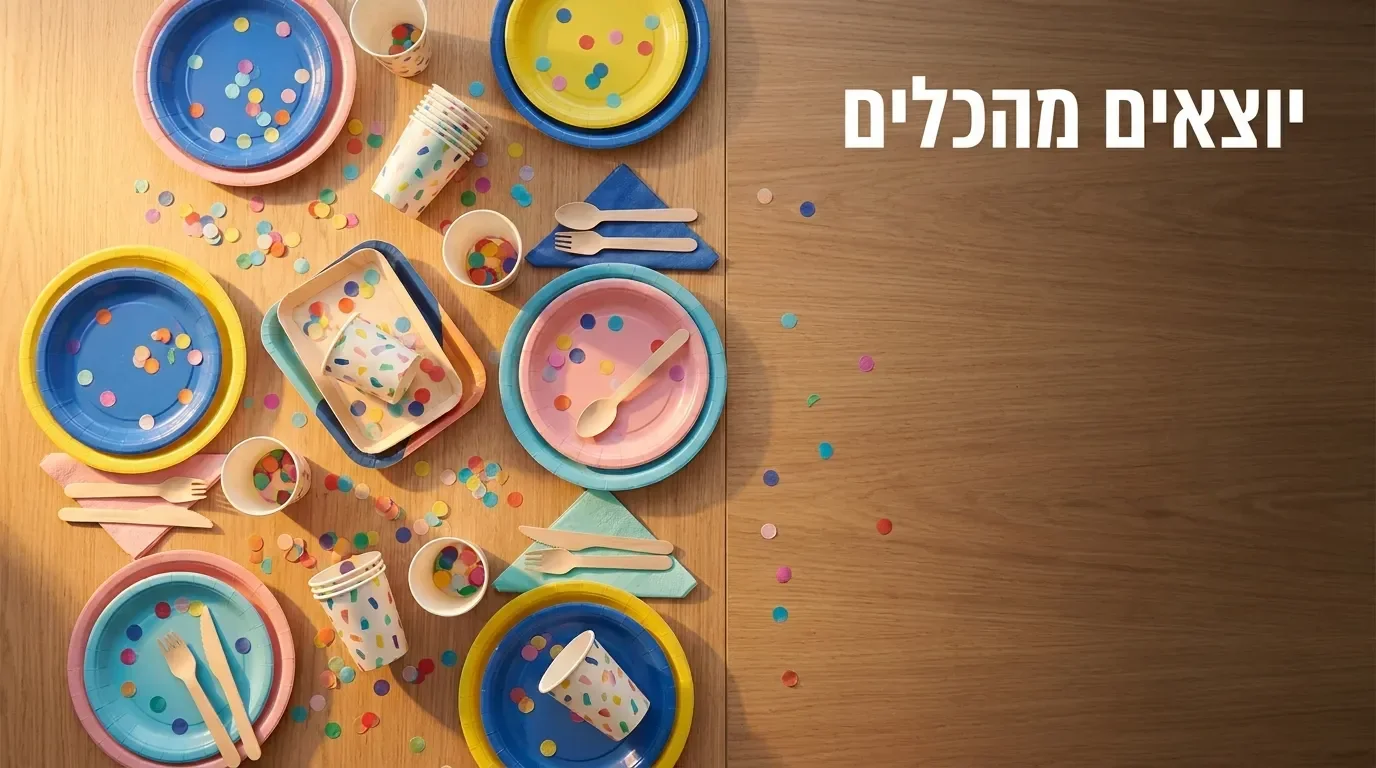 שולחן חגיגי עם כלים חד פעמיים צבעוניים, מפיות, כוסות ומגשי הגשה
